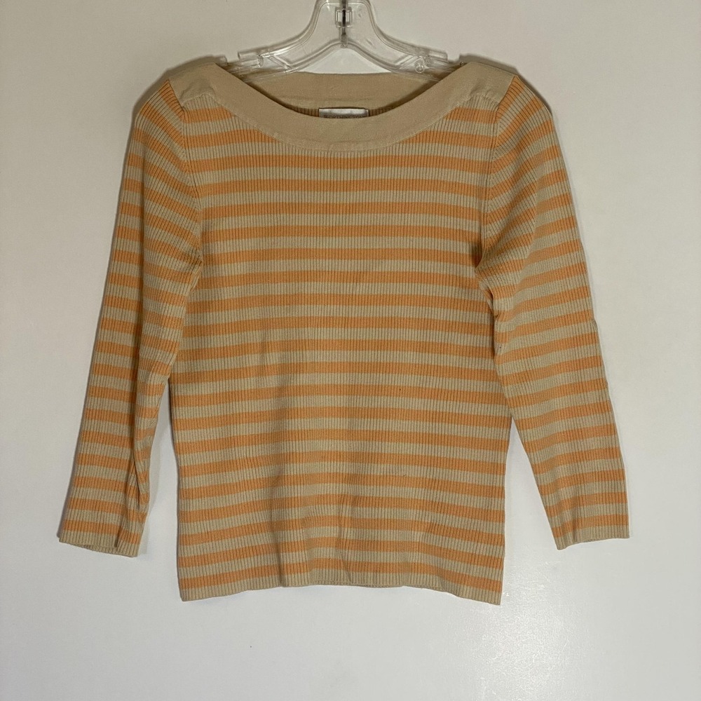 Worthington Sweater Womens Medium Beige Orange Stripe Boat Neck 3/4 Sleeve Knit